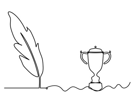 Silhouette of abstract feather with  trophy as line drawing on white. Vector