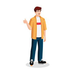 Happy Young Man Showing thumbs up. Guy shows Thumbs Up Sign with Finger. Male Character with Positive Face Expression. Approval concept. Vector flat illustration cartoon style.