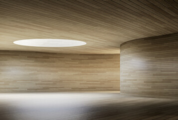 Abstract modern contemporary interior space with curve wooden plank wall and circular openings to bring natural light into inside 3d render