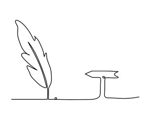 Silhouette of abstract feather with direction as line drawing on white. Vector