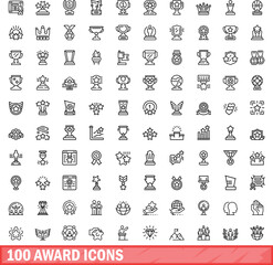 100 award icons set. Outline illustration of 100 award icons vector set isolated on white background