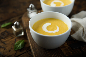 Traditional pumpkin soup with cream