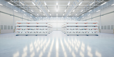 3d rendering of steel pipe product, row of shelf and concrete floor inside large warehouse...
