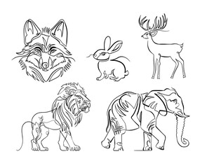 One line drawings of famous animals, vector set of five - wolf, hare, deer, lion and elephant