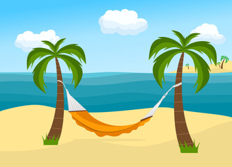 Fototapeta na wymiar Hammock and palm trees on beach. Beach vacation. Hammock between palm trees. Tropical background with sea. Flat style vector illustration eps10