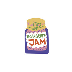 Jar of raspberry jam illustration. Colorful flat clipart of home-made berry preserve. Isolated on white background.