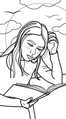 A coloring page with an image of a girl reading a book