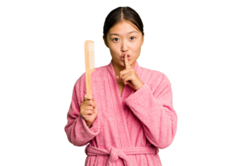Young asian woman holding an hair comb isolated keeping a secret or asking for silence.