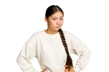 Young Asian woman isolated confused, feels doubtful and unsure.