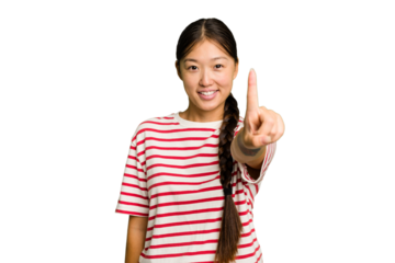 Young Asian woman isolated showing number one with finger.