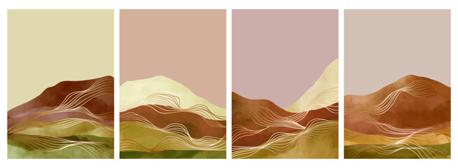 Mountain landscape watercolor painting on set. Abstract contemporary aesthetic background landscape. with mountains, hills, forest, skyline. vector illustration