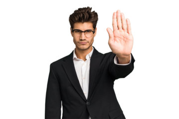 Young caucasian business man isolated standing with outstretched hand showing stop sign, preventing you.