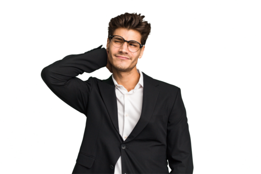 Young caucasian business man isolated touching back of head, thinking and making a choice.