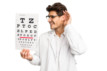 Young caucasian oculist man isolated trying to listening a gossip.