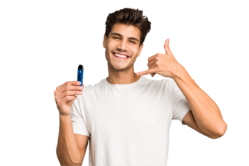 Young caucasian man holding an electronic cigarette isolated showing a mobile phone call gesture with fingers.