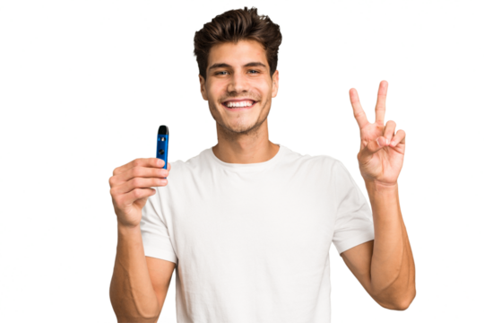 Young caucasian man holding an electronic cigarette isolated showing number two with fingers.