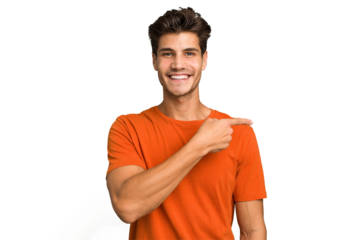 Young caucasian handsome man isolated smiling and pointing aside, showing something at blank space.