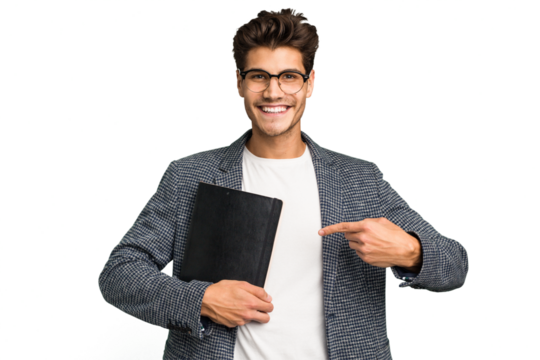 Young teacher caucasian man holding a book isolated smiling and pointing aside, showing something at blank space.