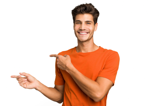 Young caucasian handsome man isolated excited pointing with forefingers away.