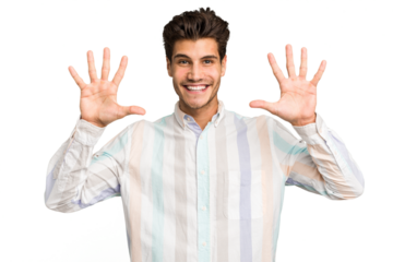 Young caucasian handsome man isolated showing number ten with hands.