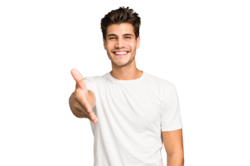 Young caucasian handsome man isolated stretching hand at camera in greeting gesture.
