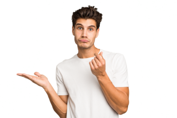 Young caucasian handsome man isolated showing that she has no money.