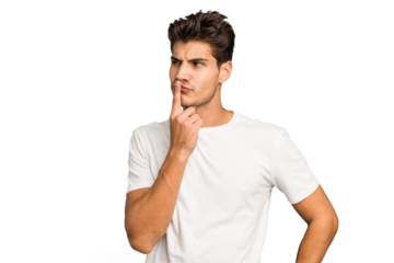 Young caucasian handsome man isolated keeping a secret or asking for silence.