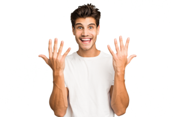 Young caucasian handsome man isolated showing number ten with hands.