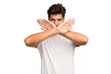 Young caucasian handsome man isolated doing a denial gesture