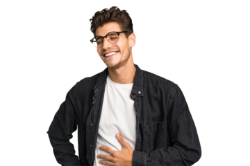 Young caucasian handsome man isolated laughing keeping hands on heart, concept of happiness.