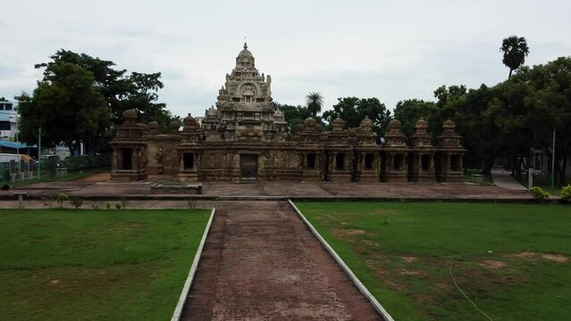 Aerial view of Kanchi Kailasanathar temple in Kanchipuram, Tamil Nadu. Outer view of the temple tower which is carved and sculpted mostly out of sandstone. No people.