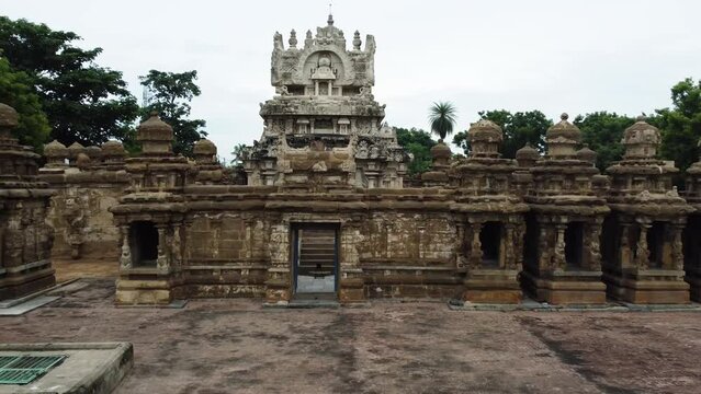 Aerial view of Kailasanathar temple in the Tamil Nadu city of Kanchipuram in South India. Outer view of the temple tower which is carved and sculpted mostly out of sandstone. No people.