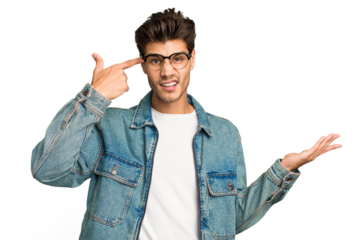 Young caucasian handsome man isolated showing a disappointment gesture with forefinger.