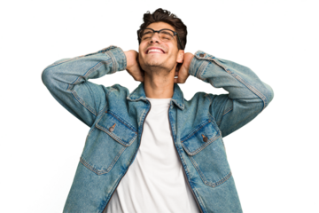 Young caucasian handsome man isolated feeling confident, with hands behind the head.