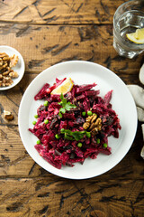 Healthy beetroot salad with walnut and green pea