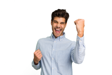 Young caucasian handsome man isolated cheering carefree and excited. Victory concept.