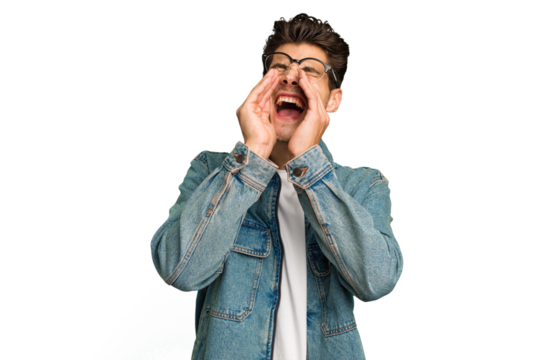 Young caucasian handsome man isolated shouting excited to front.