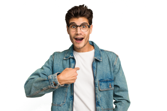 Young caucasian handsome man isolated surprised pointing with finger, smiling broadly.