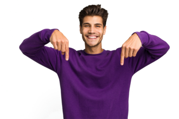 Young caucasian handsome man isolated points down with fingers, positive feeling.