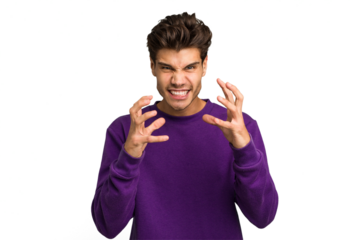 Young caucasian handsome man isolated upset screaming with tense hands.