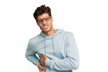 Young caucasian handsome man isolated having a liver pain, stomach ache.