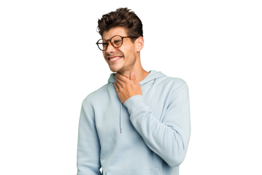 Young caucasian handsome man isolated suffers pain in throat due a virus or infection.