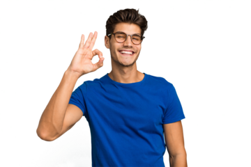 Young caucasian handsome man isolated cheerful and confident showing ok gesture.