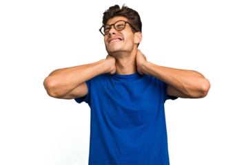 Young caucasian handsome man isolated suffering neck pain due to sedentary lifestyle.