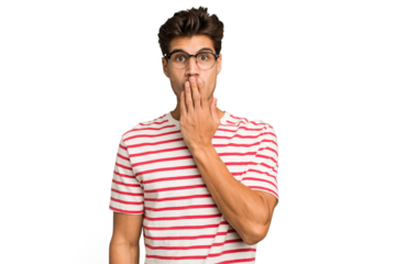 Young caucasian handsome man isolated shocked, covering mouth with hands, anxious to discover something new.