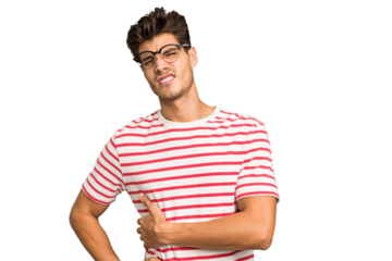 Young caucasian handsome man isolated having a liver pain, stomach ache.