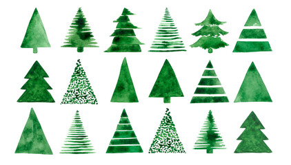 Watercolor illustration of many small Christmas trees with different designs.