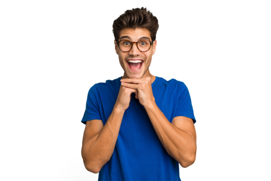 Young caucasian handsome man isolated praying for luck, amazed and opening mouth looking to front.