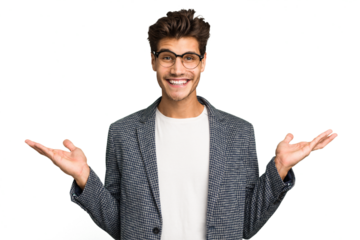 Young caucasian handsome man isolated makes scale with arms, feels happy and confident.