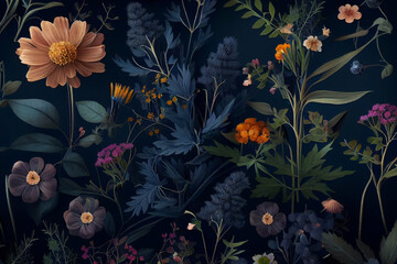 Digital Illustration. Floral seamless pattern in rustic style on dark blue background, watercolor print with abstract wild flowers. wallpapers or decoration texture.